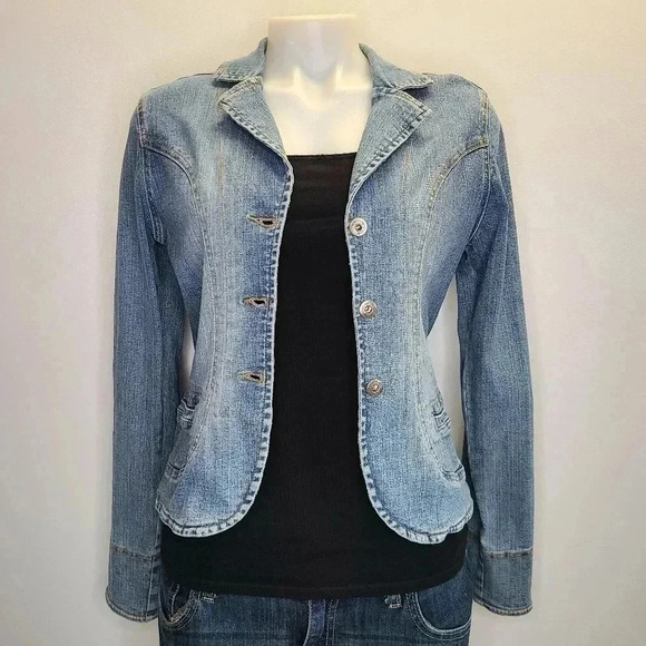Hot Kiss Vintage 90s Y2K Denim Jean Jacket Light Blue Wash Fading XS Small - Picture 1 of 16